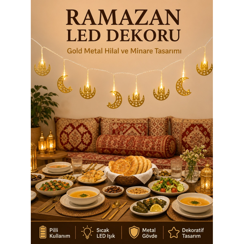 Minareli Hilal Led Işık Gold Metal Gövdeli Pilli Ramazan Dekoru Minareli Hilal Led Işık Gold Metal Gövdeli Pilli Ramazan Dekoru