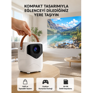 Mini Akıllı Projektör – 1080p Full Hd, 64gb Depolama, 2gb Ram, Uzaktan Kumanda Destekli Yeni Nesil
