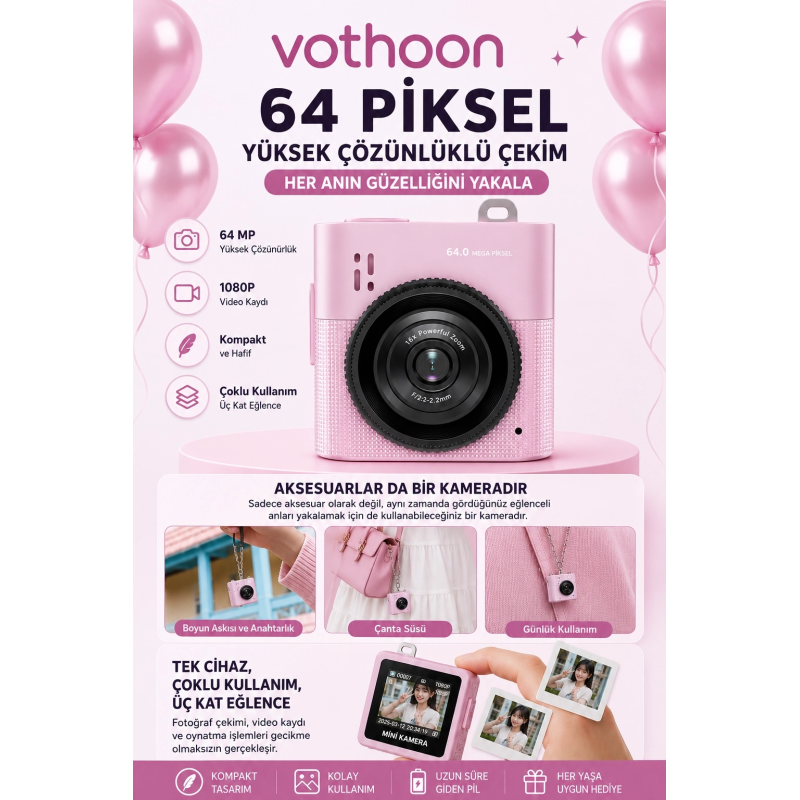 Mini Dijital Kamera 64mp 16x Digital Zoom Retro Vintage 1.4’’ekranlı Video Kamera Taşınabilir Tasarım Pembe Mini Dijital Kamera 64mp 16x Digital Zoom Retro Vintage 1.4’’ekranlı Video Kamera Taşınabilir Tasarım Pembe