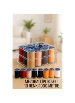 Dikiş İpliği Seti - 10 Renk 1000 Mt Kutulu Mezuralı Dikiş Seti
