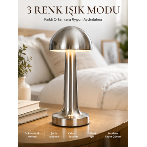 Modern Mantar Masa Lambası Dokunmatik 3 Işık Modlu Şarjlı Kablosuz Led Yeni Nesil