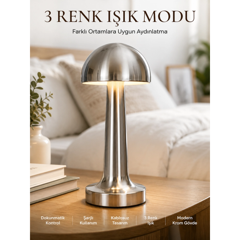 Modern Mantar Masa Lambası Dokunmatik 3 Işık Modlu Şarjlı Kablosuz Led Yeni Nesil Modern Mantar Masa Lambası Dokunmatik 3 Işık Modlu Şarjlı Kablosuz Led Yeni Nesil