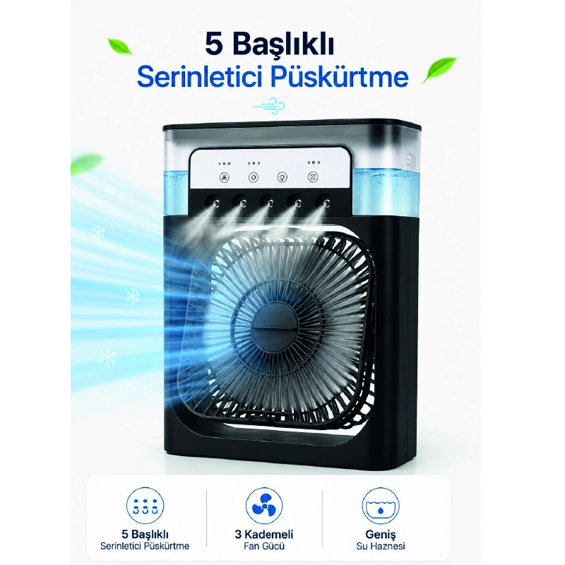 Modern Püskürtmeli Masaüstü Fan Geniş Su Haznesi, 5 Sis Çıkışı, 3 Kademe Fan Gücü Modern Püskürtmeli Masaüstü Fan Geniş Su Haznesi, 5 Sis Çıkışı, 3 Kademe Fan Gücü