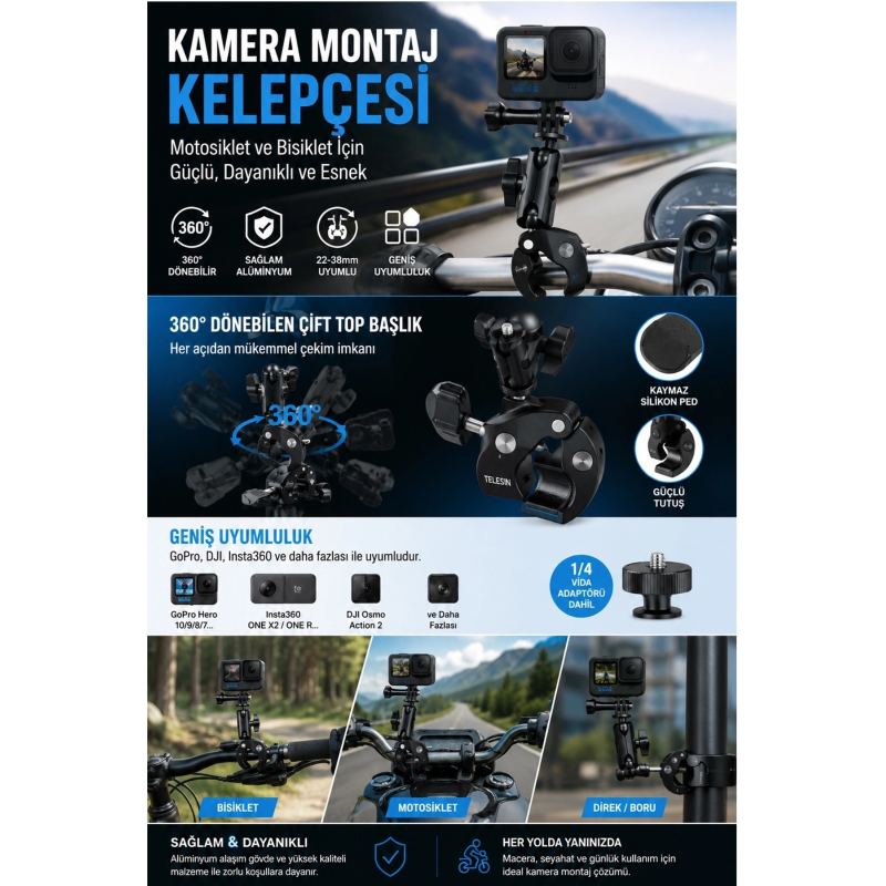 Motosiklet Bisiklet Gidon Kamera Montaj Metal Si 360° Döner Metal Tutucu Motosiklet Bisiklet Gidon Kamera Montaj Metal Si 360° Döner Metal Tutucu