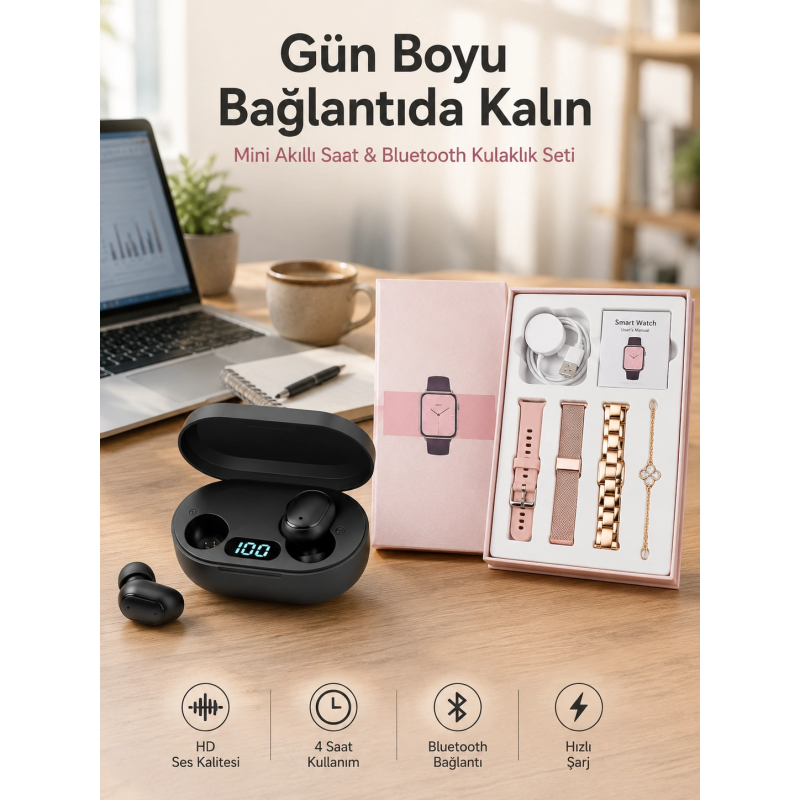 Nabız Ölçer Hediye Bileklikli Akıllı Saat Ve Dijital Göstergeli Bluetooth Kulaklık Çoklu Şarj Girişi Nabız Ölçer Hediye Bileklikli Akıllı Saat Ve Dijital Göstergeli Bluetooth Kulaklık Çoklu Şarj Girişi