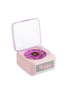 Nostalji Mini Plak Görünümlü Radyolu Bluetooth Hoparlör 3d Ses Dalgası Retro Müzik Plak Pembe
