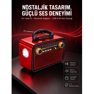 Nostaljik Görünümlü Ahşap Radyo Tf Sd Usb Girişli Led Fener Işıklı