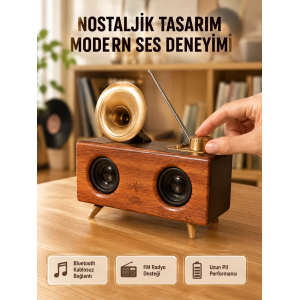 Nostaljik Gramofon Bluetooth Hoparlör – Fm Radyo + Usb + Sd Kart Destekli