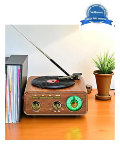 Nostaljik Tasarım Plak Çalar Görünümlü Radyolu Bluetooth Hoparlör Retro Müzik Plak Açık Kahverengi