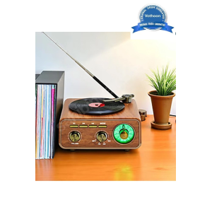 Nostaljik Tasarım Plak Çalar Görünümlü Radyolu Bluetooth Hoparlör Retro Müzik Plak Açık Kahverengi