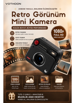 Nostaljik Tasarımı Retro Görünüm Kare Mini Foto Video Kamera 1080p Full Hd 32gb Kart Hediyeli