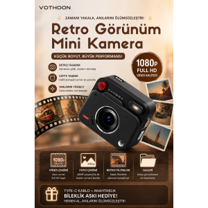 Nostaljik Tasarımı Retro Görünüm Kare Mini Foto Video Kamera 1080p Full Hd 32gb Kart Hediyeli