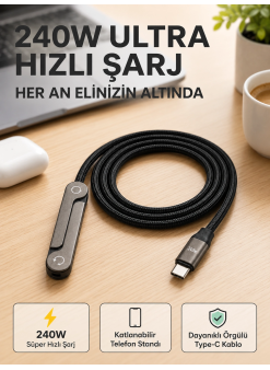Örgülü 240w Type-c Katlanabilir Telefon Standlı Şarj Kablosu