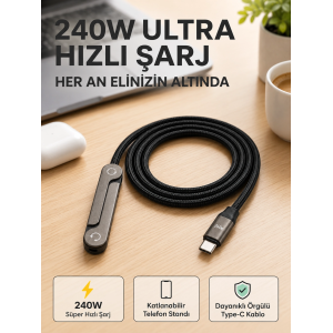 Örgülü 240w Type-c Katlanabilir Telefon Standlı Şarj Kablosu