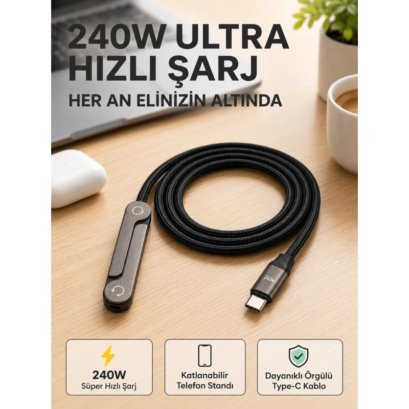 Örgülü 240w Type-c Katlanabilir Telefon Standlı Şarj Kablosu Örgülü 240w Type-c Katlanabilir Telefon Standlı Şarj Kablosu