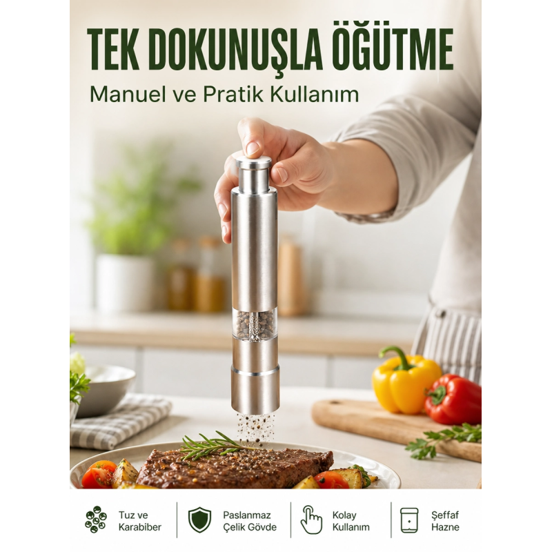 Orta Boy Kararbiber Ve Tuz Öğütücü – Kolay Kullanım, Şık Tasarım Yeni Nesil Orta Boy Kararbiber Ve Tuz Öğütücü – Kolay Kullanım, Şık Tasarım Yeni Nesil