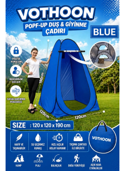 Otomatik Kabin Giyinme Çadırı 120x120x190 Cm Üst Havalandırma Yan Pencereli Duş & Wc Çadırı Mavi