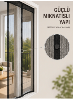 Otomatik Kapanan Mıknatıslı Sineklik Kapı Filesi Pratik Geçişli Siyah Model