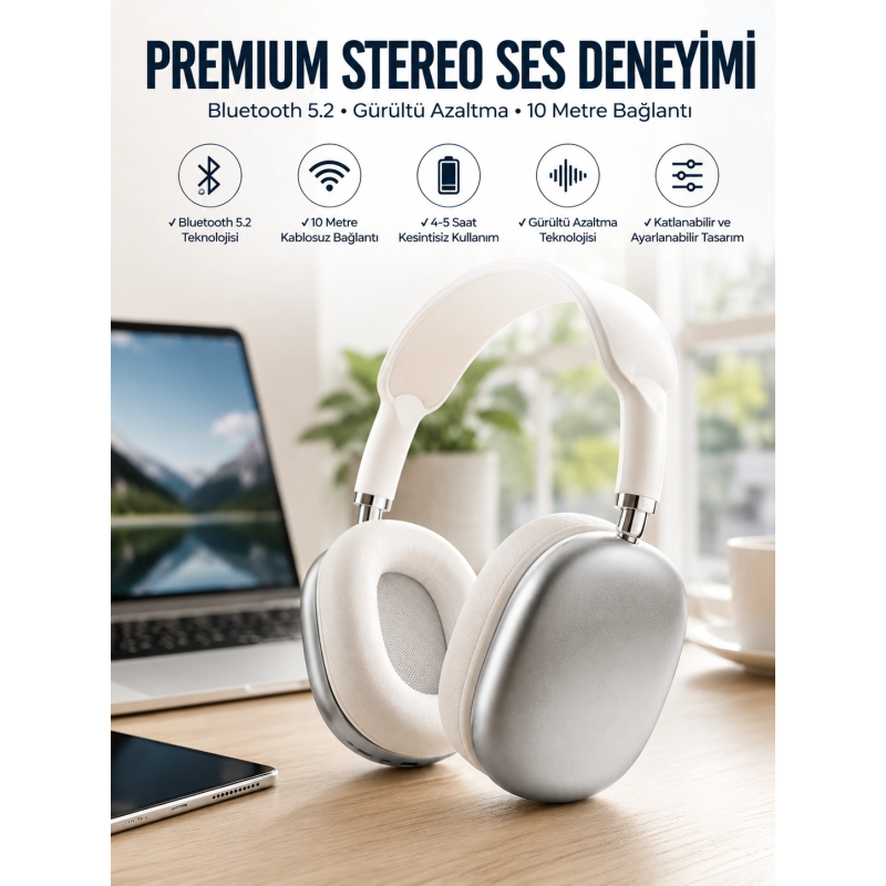 P9 Plus Kablosuz Kulak Üstü Bluetooth Kulaklık Beyaz Yüksek Ses Kaliteli P9 Plus Kablosuz Kulak Üstü Bluetooth Kulaklık Beyaz Yüksek Ses Kaliteli