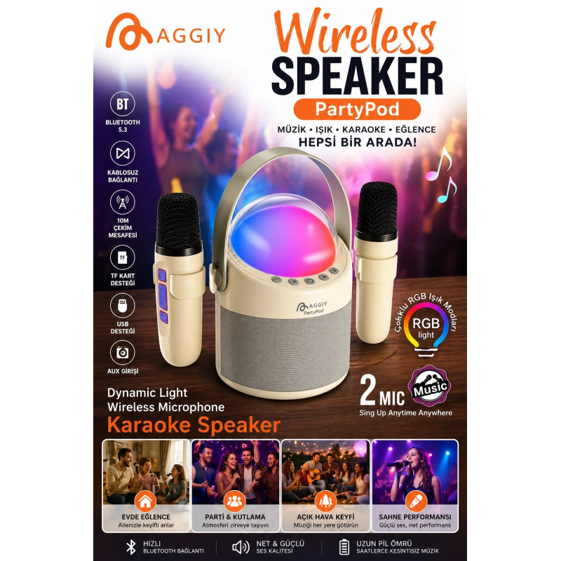 Partypod Bluetooth 5.3 Destekli Çok Fonksiyonlu Kablosuz Mikrofon Ve Hoparlör Partypod Bluetooth 5.3 Destekli Çok Fonksiyonlu Kablosuz Mikrofon Ve Hoparlör
