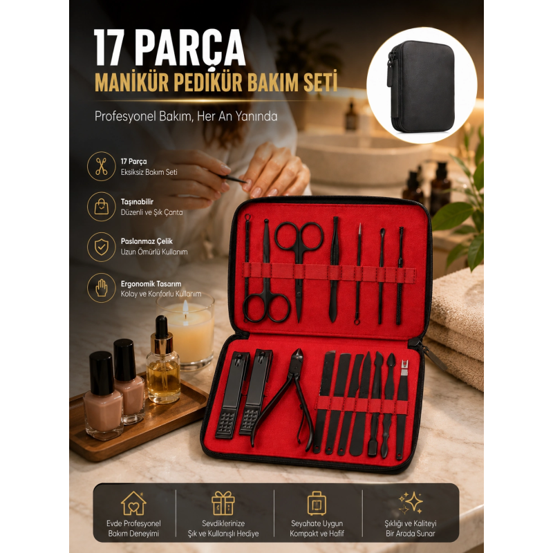 Paslanmaz Çelik 17 Parça Manikür Pedikür Seti Ve Taşınabilir Şık Çanta Paslanmaz Çelik 17 Parça Manikür Pedikür Seti Ve Taşınabilir Şık Çanta
