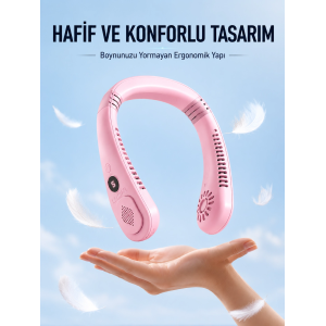 Pembe Boyun Tipi Fan Usb Şarjlı Hafif Tasarım Güçlü Hava Üflemeli Serinletici