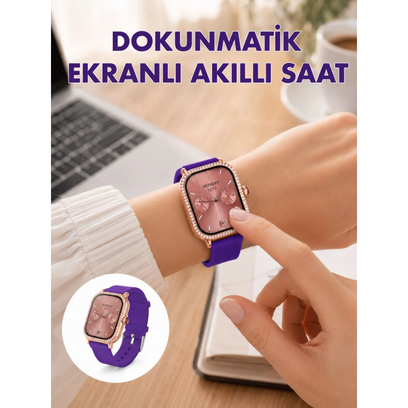 Pembe Mor Ve Metal Kordonlu Akıllı Saat Hediye Seti Pembe Mor Ve Metal Kordonlu Akıllı Saat Hediye Seti