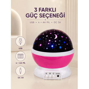 Pembe Yıldızlı Gece Lambası Döner Gökyüzü Projeksiyon Işığı