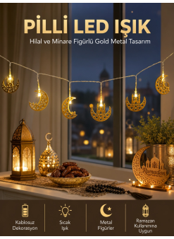Pilli Minareli Hilal Led Işık Gold Metal Ramazan Dekorasyonu