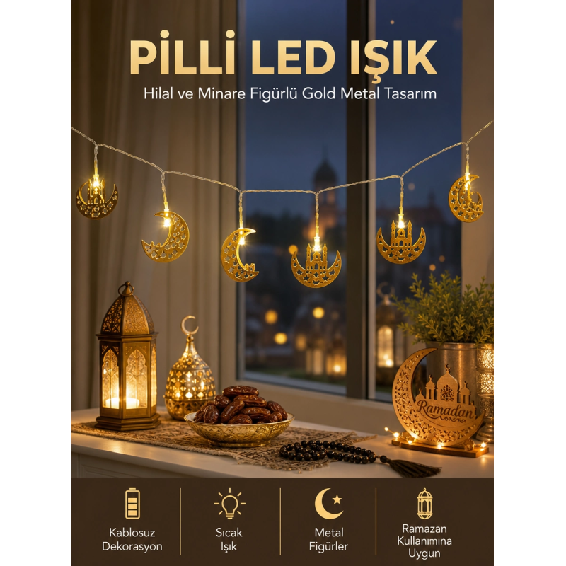 Pilli Minareli Hilal Led Işık Gold Metal Ramazan Dekorasyonu Pilli Minareli Hilal Led Işık Gold Metal Ramazan Dekorasyonu