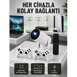 Portatif 4k Projeksiyon – 4.000 Uygulama, Kablosuz Yansıtma Ve Bluetooth 5.0 Yeni Nesil