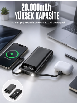 Powerbank 20.000 Mah Dijital Göstergeli Lcd Ekran Uzun Pil Ömrü Yeni Nesil