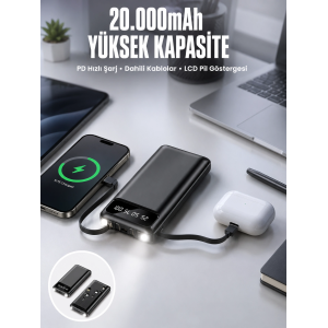 Powerbank 20.000 Mah Dijital Göstergeli Lcd Ekran Uzun Pil Ömrü Yeni Nesil