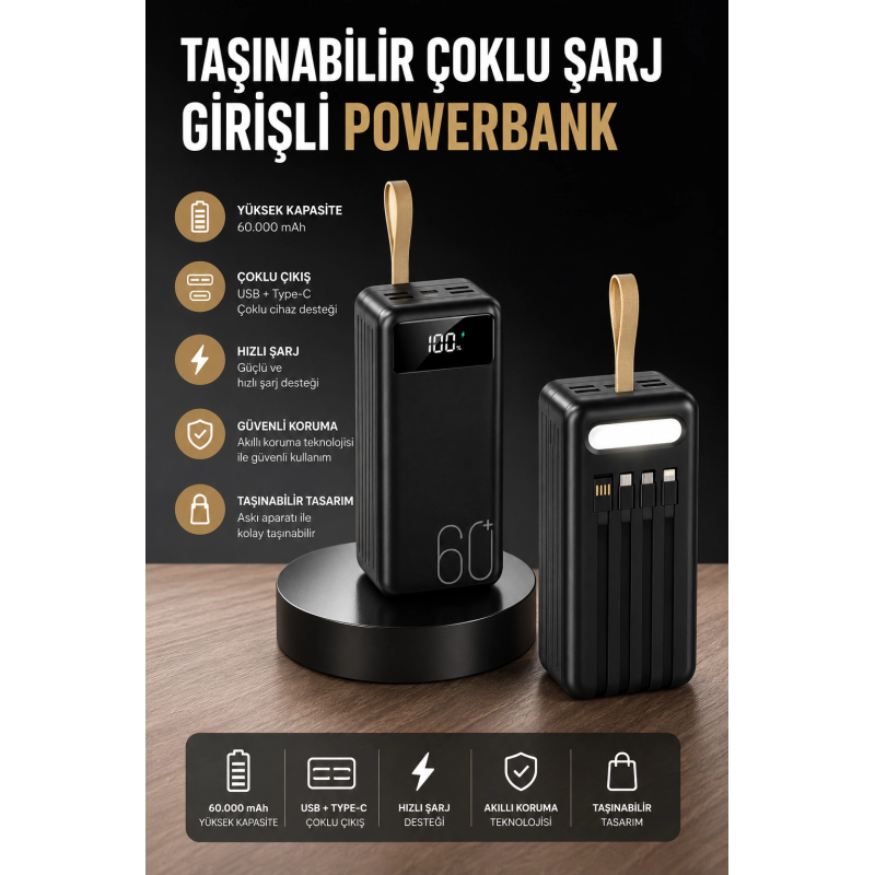 Powerbank 60.000 Mah 4 Portlu Uzun Şarj Süreli Dijital Göstergeli Powerbank 60.000 Mah 4 Portlu Uzun Şarj Süreli Dijital Göstergeli