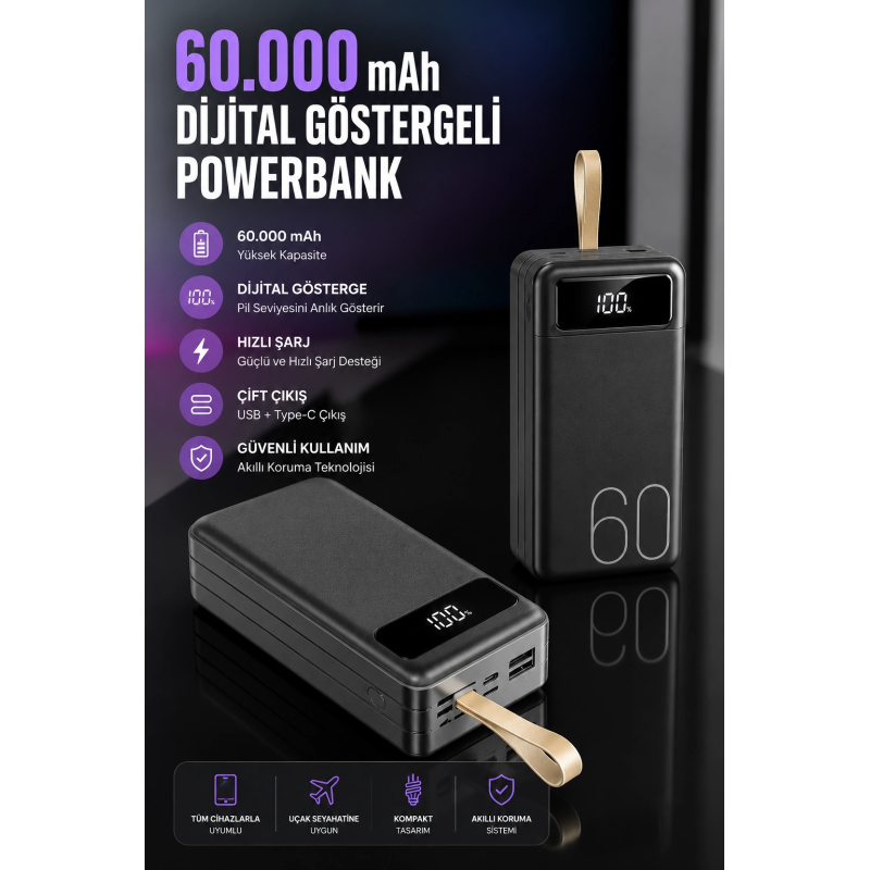 Powerbank 60.000 Mah Hızlı Şarj 4 Çıkışlı Uzun Şarj Süreli Dijital Göstergeli Powerbank 60.000 Mah Hızlı Şarj 4 Çıkışlı Uzun Şarj Süreli Dijital Göstergeli