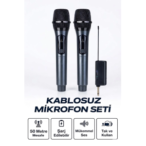 Profesyonel Çiftli Kablosuz Mikrofon Seti Karaoke Şarj Edilebilir 50 Metre