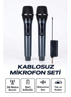 Profesyonel Çiftli Kablosuz Mikrofon Seti Karaoke Şarj Edilebilir 50 Metre