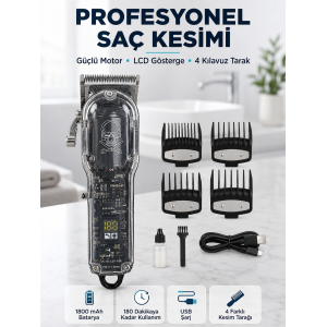 Profesyonel Erkek Tıraş Makinesi Güçlü Motorlu Lcd Göstergeli 1800 Mah Bataryalı Usb Şarjlı Saç Kesme Makinesi