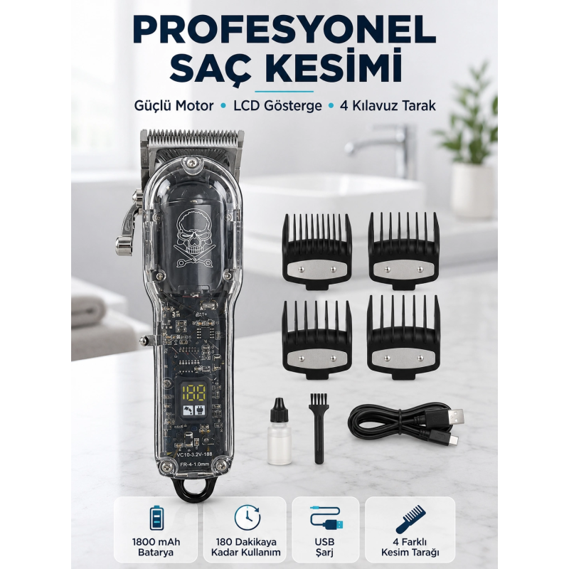 Profesyonel Erkek Tıraş Makinesi Güçlü Motorlu Lcd Göstergeli 1800 Mah Bataryalı Usb Şarjlı Saç Kesme Makinesi Profesyonel Erkek Tıraş Makinesi Güçlü Motorlu Lcd Göstergeli 1800 Mah Bataryalı Usb Şarjlı Saç Kesme Makinesi