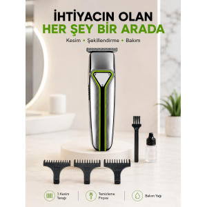 Profesyonel Saç Sakal Tıraş Makinesi T Bıçaklı Şarjlı Kablosuz 3 Taraklı Erkek Bakım Seti