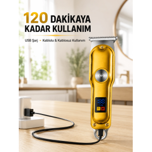 Profesyonel Saç Sakal Tıraş Makinesi T Bıçaklı Turbo Modlu Led Ekranlı 3 Taraklı Şarjlı
