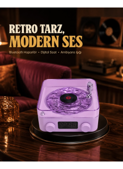 Projektör Işıklı Retro Hoparlör Bluetooth Aux Usb Hafıza Kartlı 360° Sesli Şarjlı
