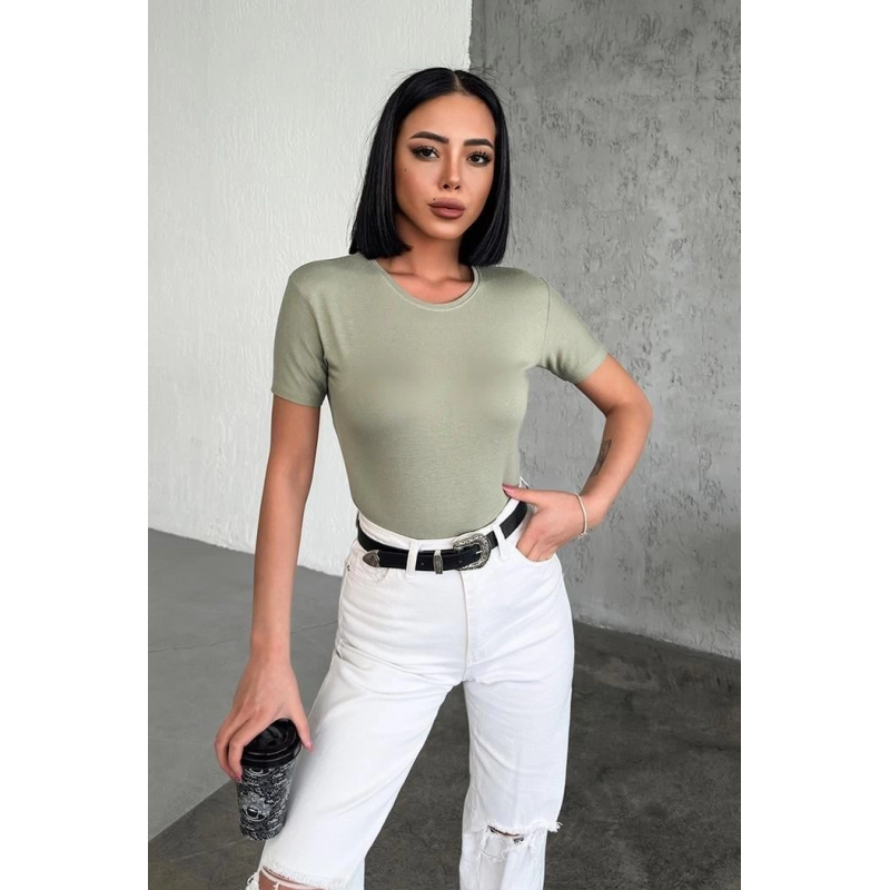 Rahat Ve Şık Kısa Kollu Bisiklet Yaka Likralı Viskon Penye Body Haki Rahat Ve Şık Kısa Kollu Bisiklet Yaka Likralı Viskon Penye Body Haki