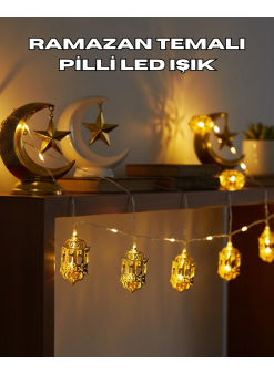 Ramazan Dekoru İçin Pilli Led Işık Altın Fener Tasarımlı