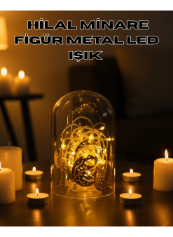Ramazan Minare Detaylı Hilal Led Işık Günışığı Sarı Metal Süs