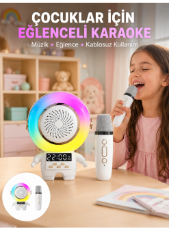Renkli Işıklı Astronot Mini Bluetooth Speaker Ve Karaoke Mikrofon