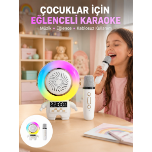 Renkli Işıklı Astronot Mini Bluetooth Speaker Ve Karaoke Mikrofon