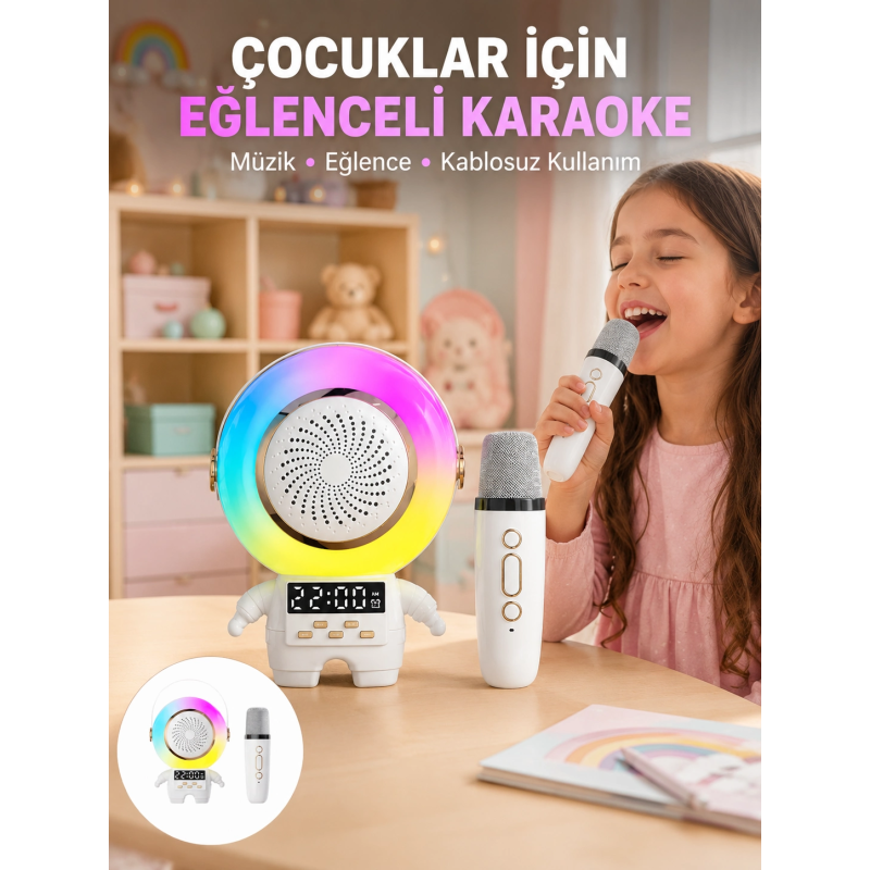 Renkli Işıklı Astronot Mini Bluetooth Speaker Ve Karaoke Mikrofon Renkli Işıklı Astronot Mini Bluetooth Speaker Ve Karaoke Mikrofon