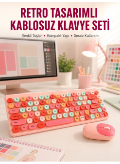 Renkli Retro Tuş Takımlı Klavye – 3 Cihaz Bağlantısı, Medya Kısayol Tuşları Yeni Nesil
