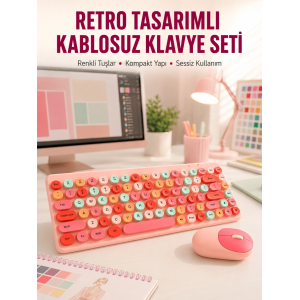 Renkli Retro Tuş Takımlı Klavye – 3 Cihaz Bağlantısı, Medya Kısayol Tuşları Yeni Nesil